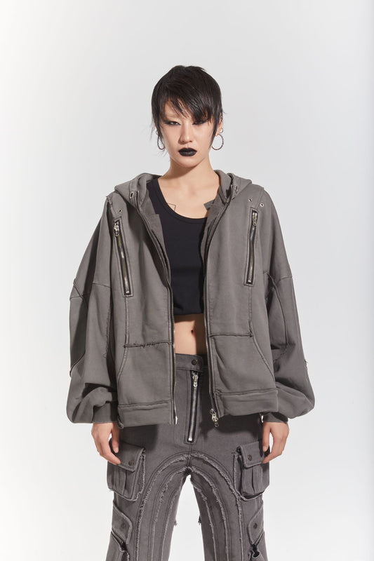 002 'WAVY' WASHED GREY OVERSIZED ZIP UP HOODIE