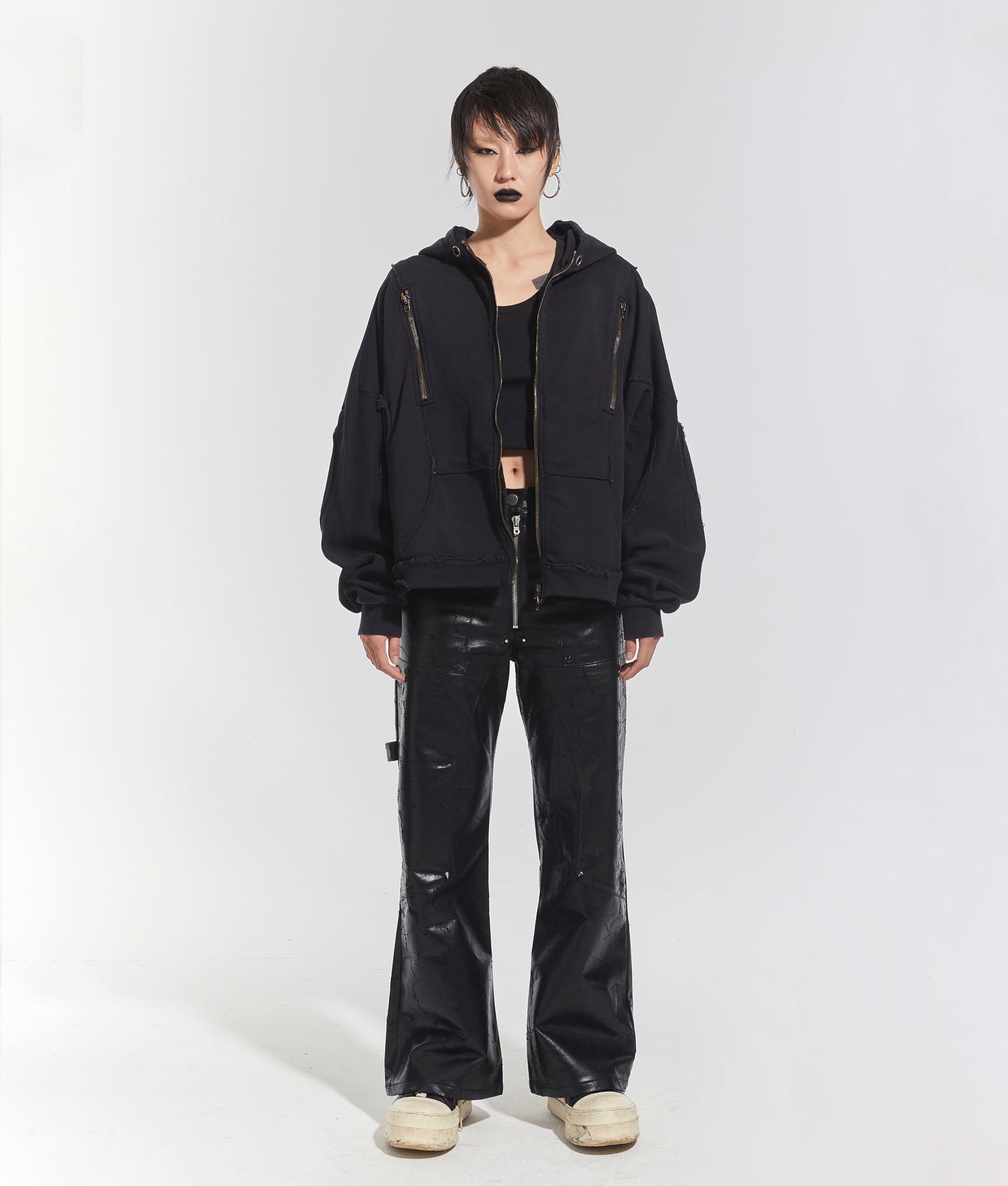 001 'WAVY' WASHED BLACK OVERSIZED ZIP UP HOODIE